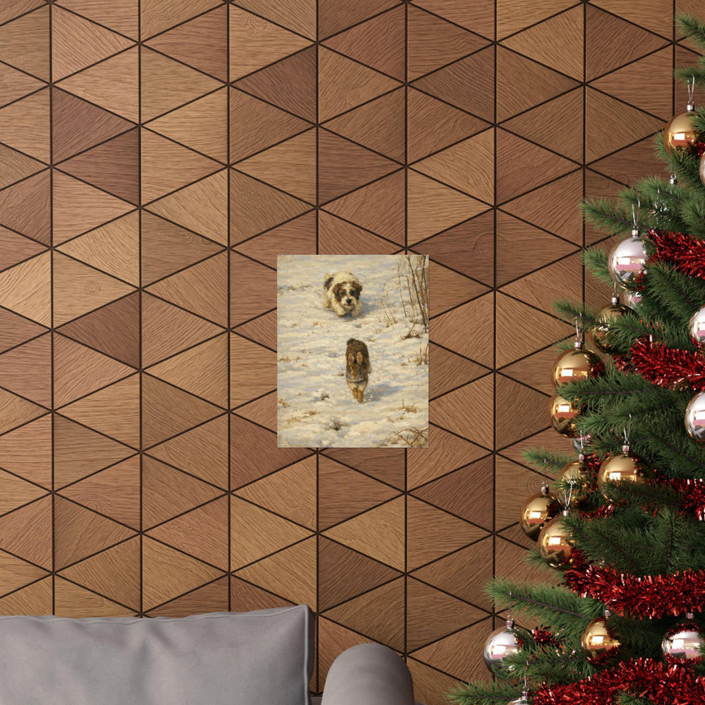 Vintage Winter Puppy & Rabbit Poster - Matte Vertical Art Print