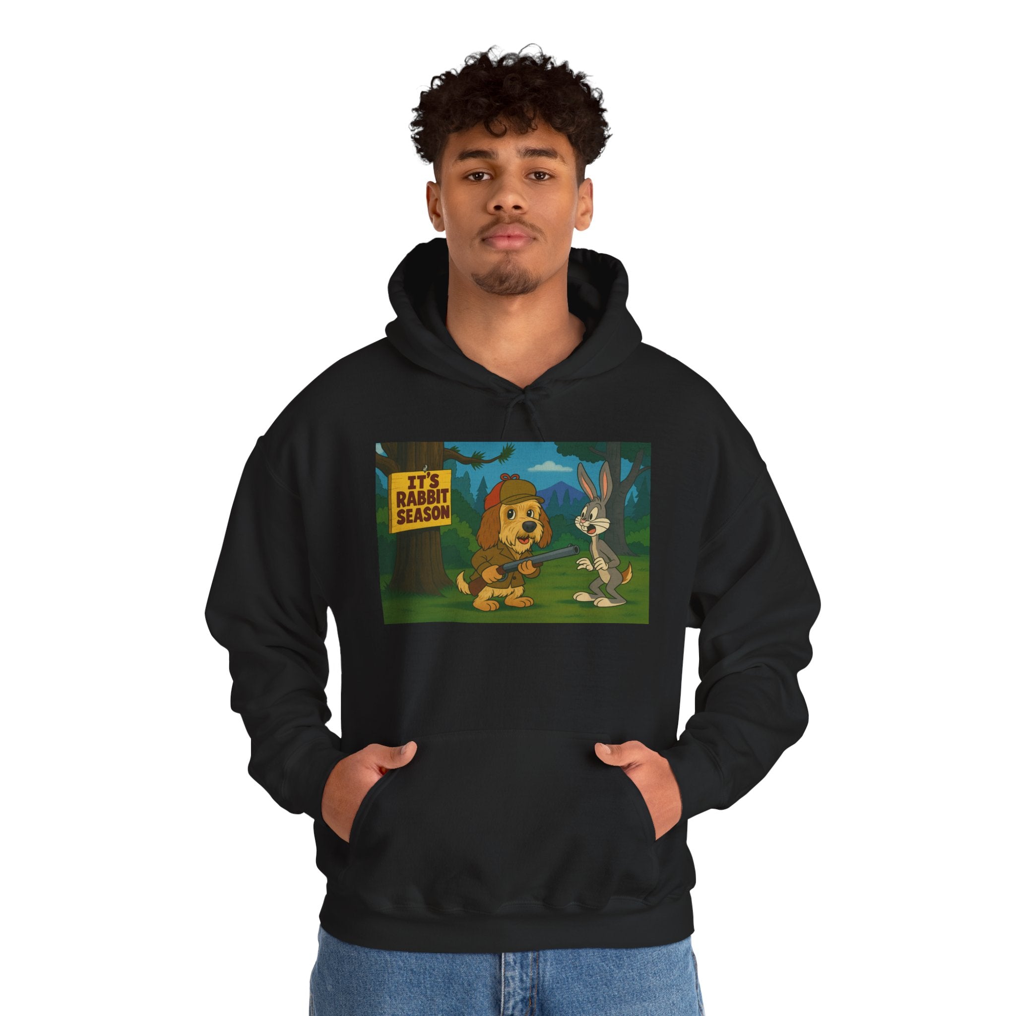Hoodie — "It's Rabbit Season" Cartoon Bunny & Hunter Graphic Pullover