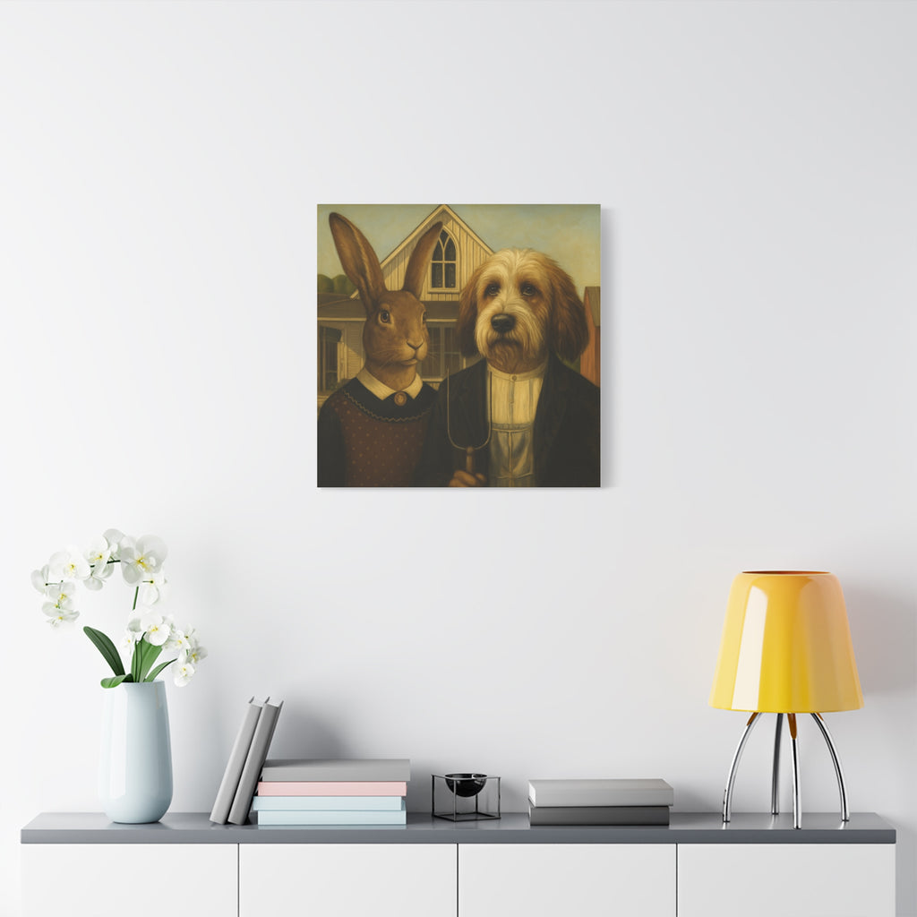 PBGV and Rabbit -  American  Gothic