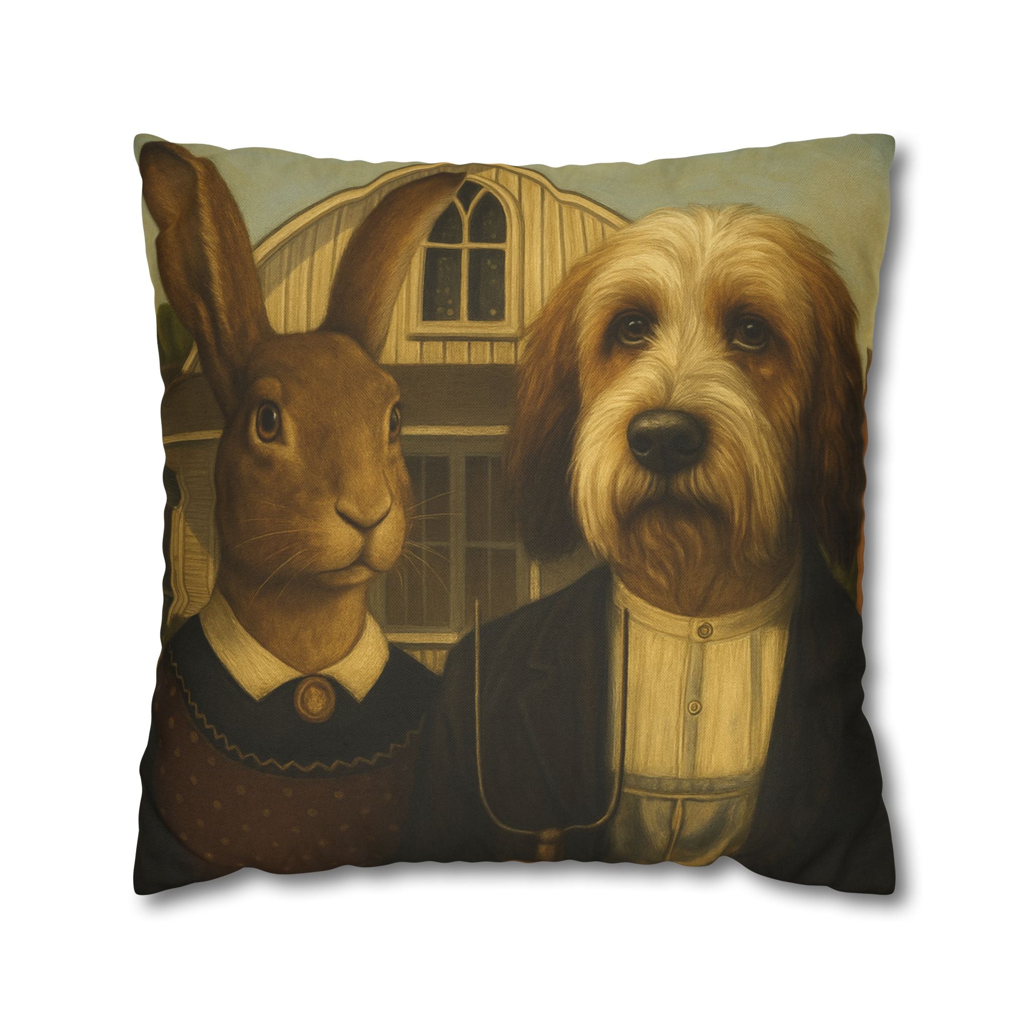 Vintage Pet Portrait Pillow — Dog & Rabbit Americana Decorative Throw Pillowcase