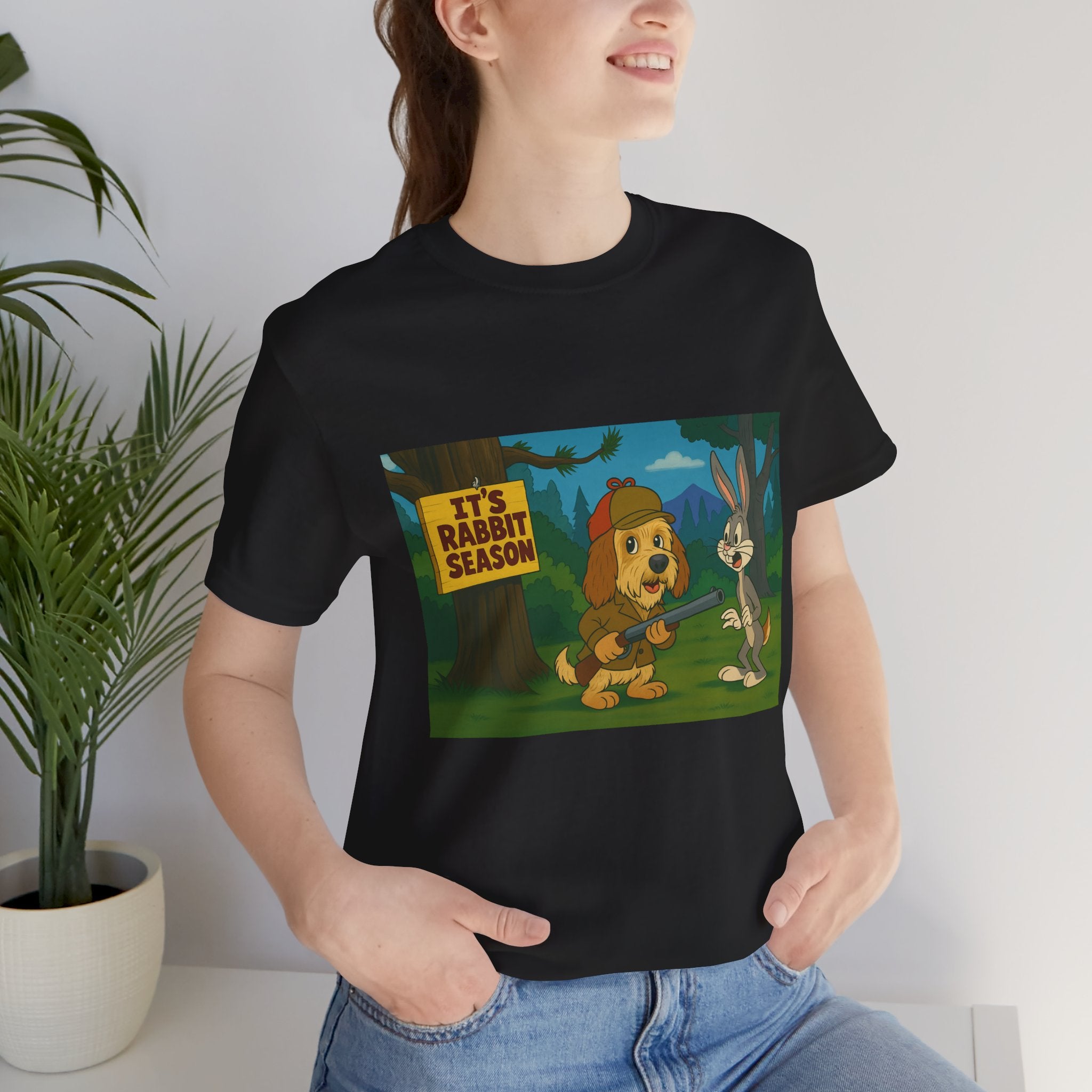 Funny 'It's Rabbit Season' Graphic Tee - Vintage Cartoon PBGV Hunting Humor T-Shirt