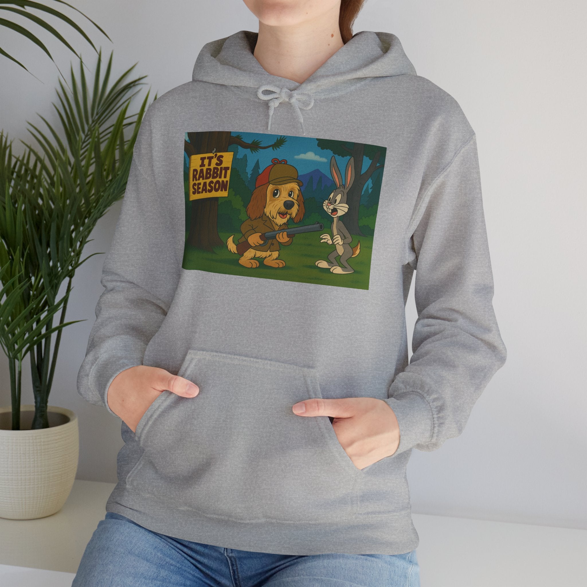 Hoodie — "It's Rabbit Season" Cartoon Bunny & Hunter Graphic Pullover