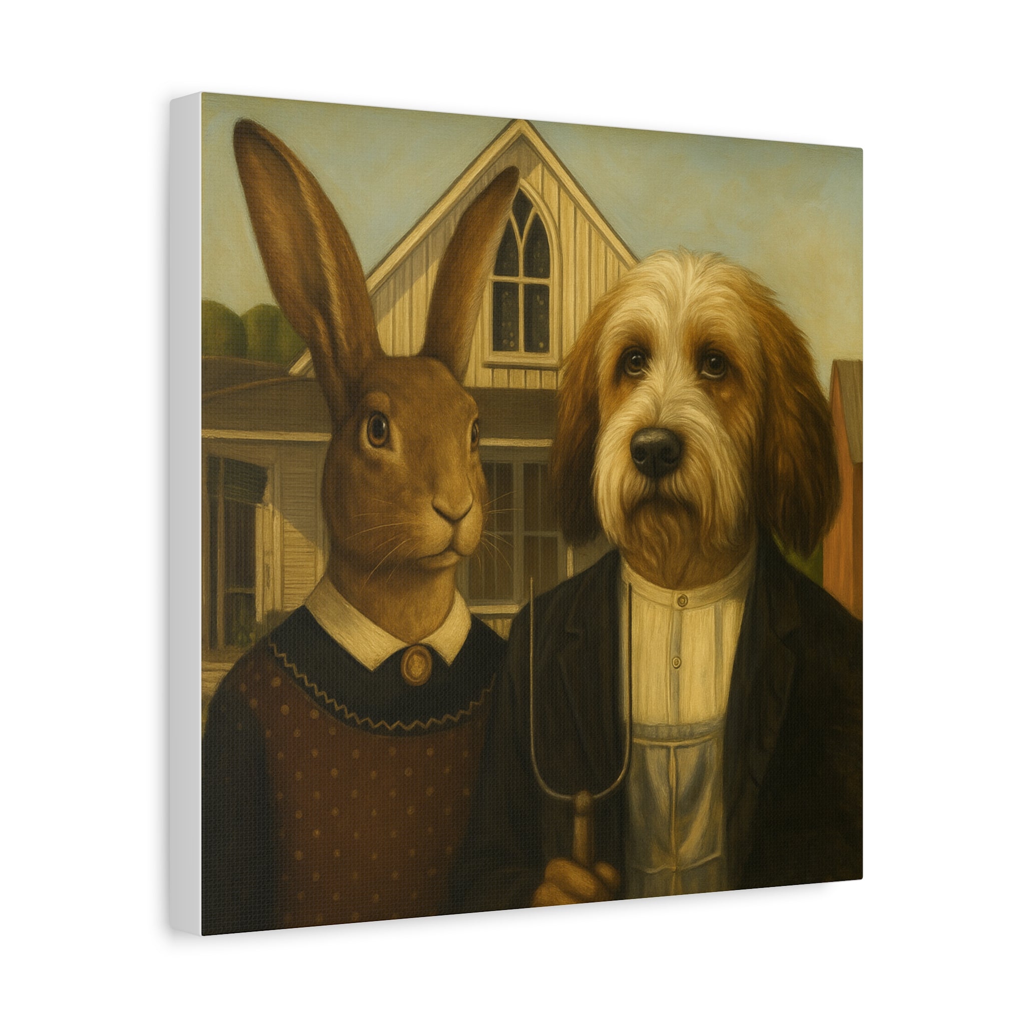 PBGV and Rabbit -  American  Gothic