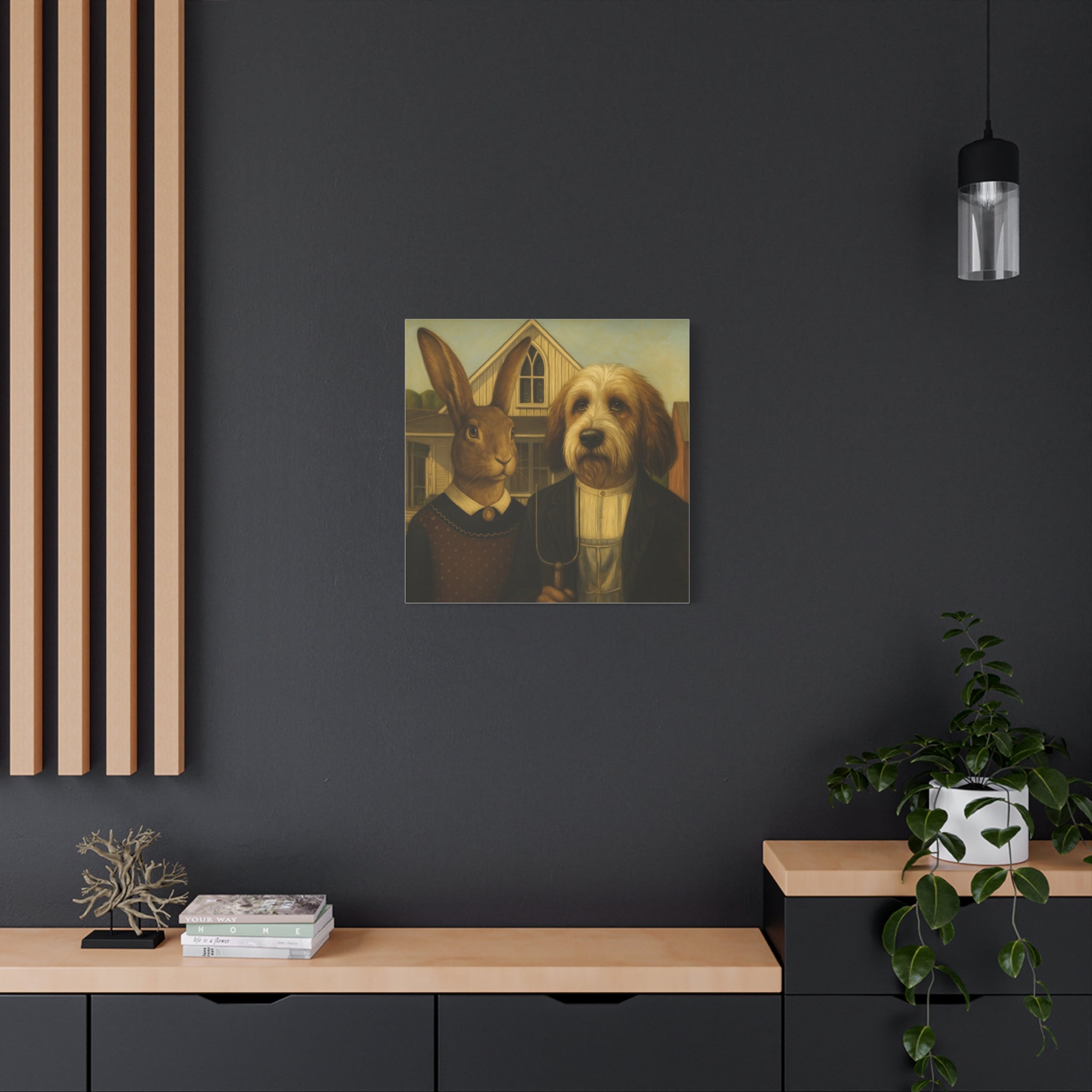 PBGV and Rabbit -  American  Gothic