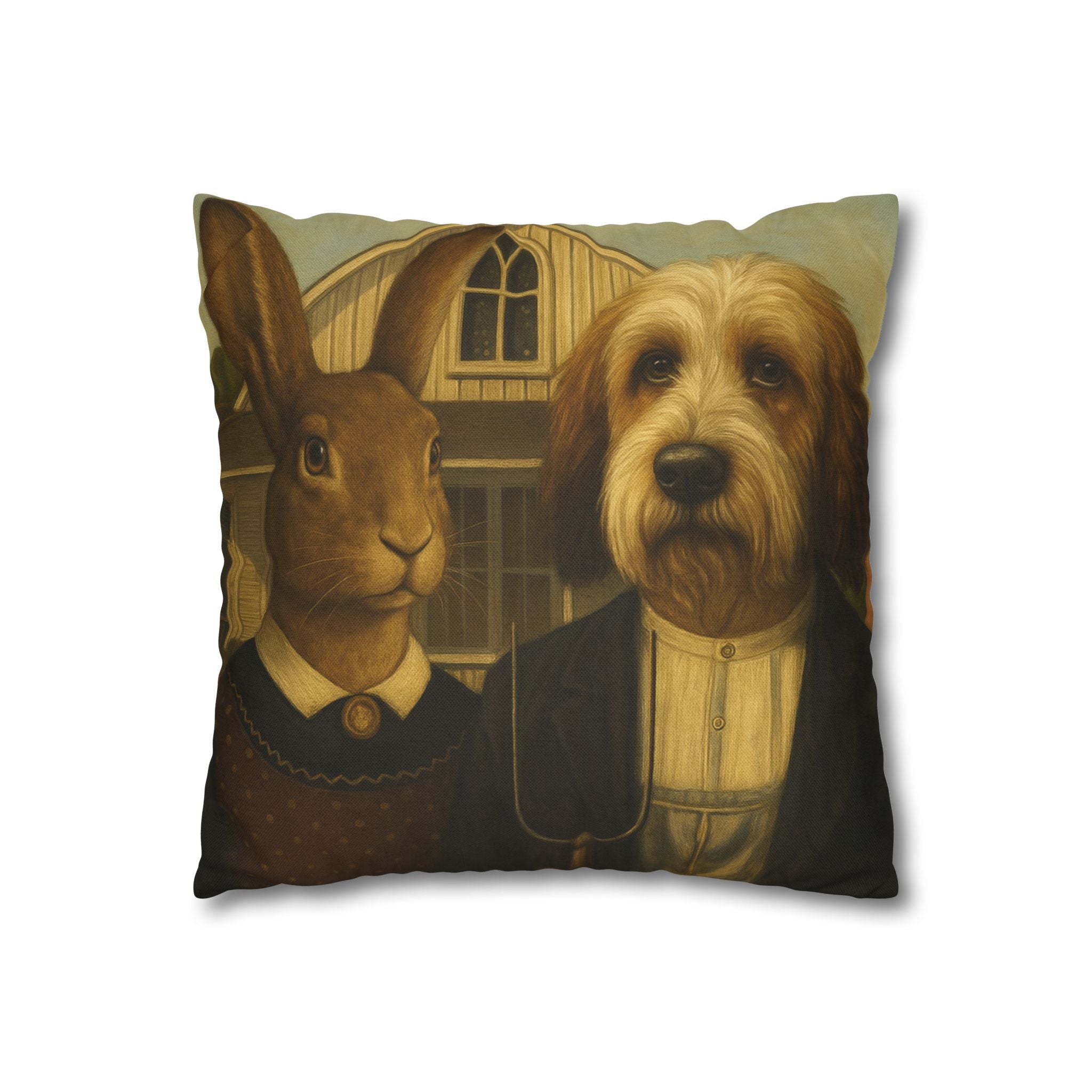 Vintage Pet Portrait Pillow — Dog & Rabbit Americana Decorative Throw Pillowcase