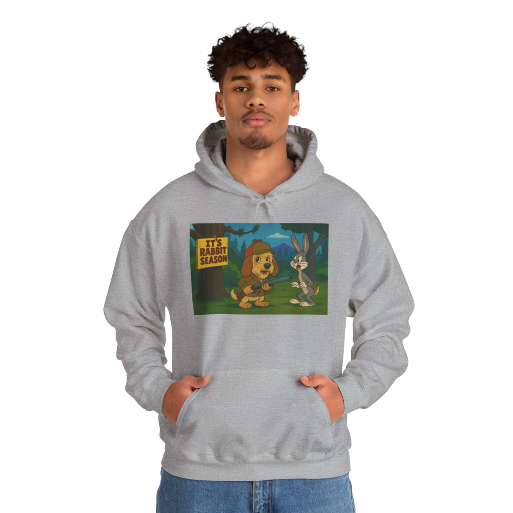 Hoodie — "It's Rabbit Season" Cartoon Bunny & Hunter Graphic Pullover