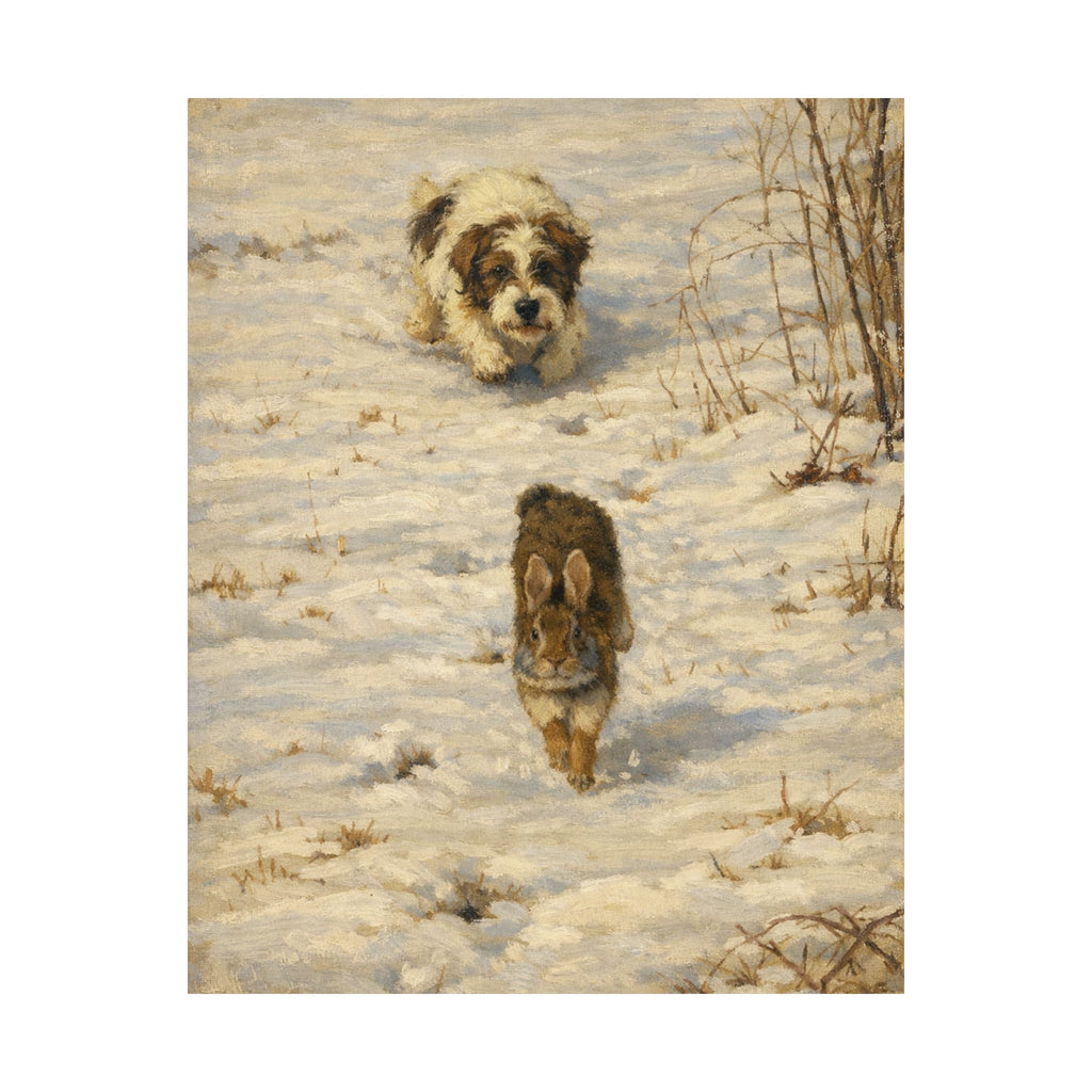 Vintage Winter Puppy & Rabbit Poster - Matte Vertical Art Print