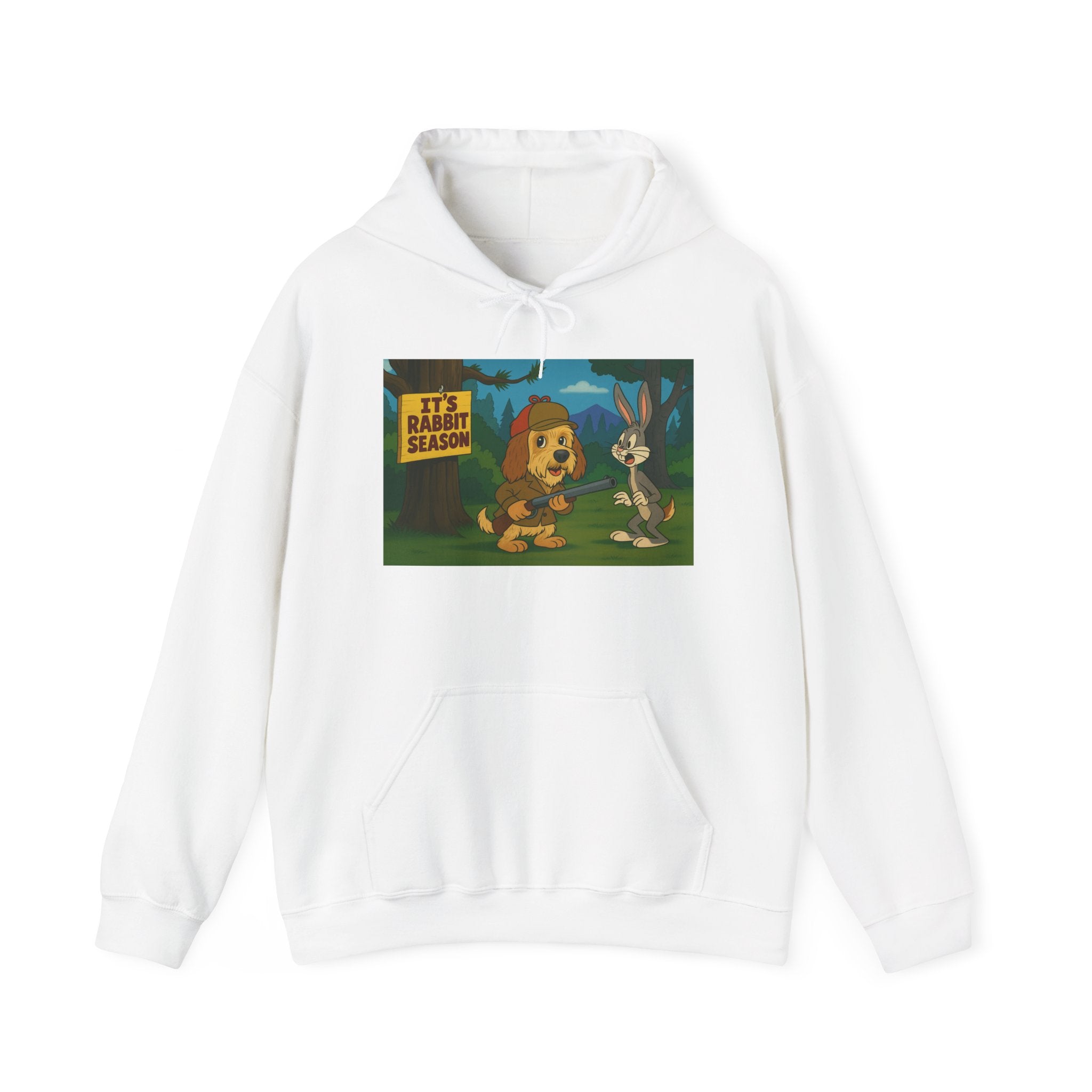 Hoodie — "It's Rabbit Season" Cartoon Bunny & Hunter Graphic Pullover