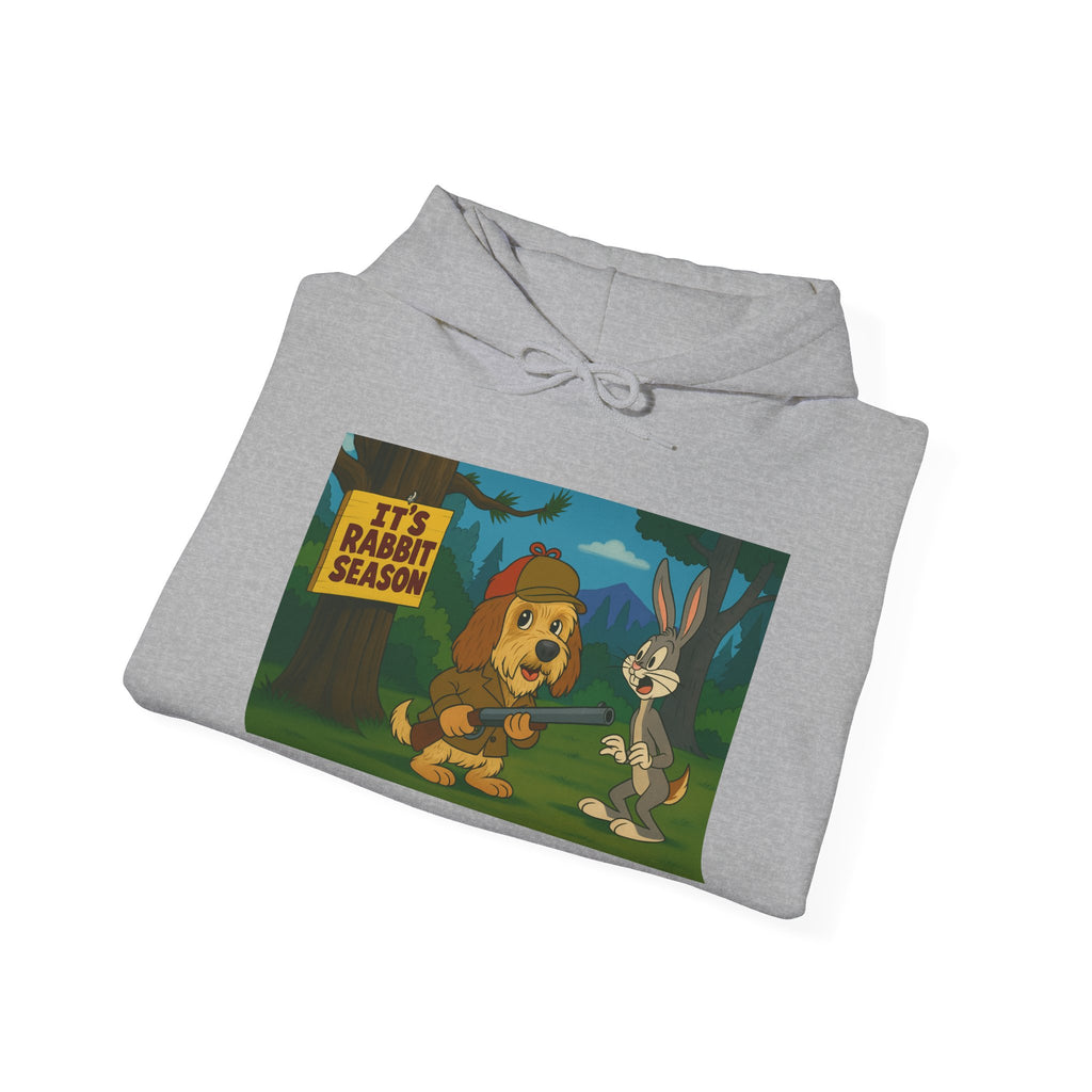 Hoodie — "It's Rabbit Season" Cartoon Bunny & Hunter Graphic Pullover