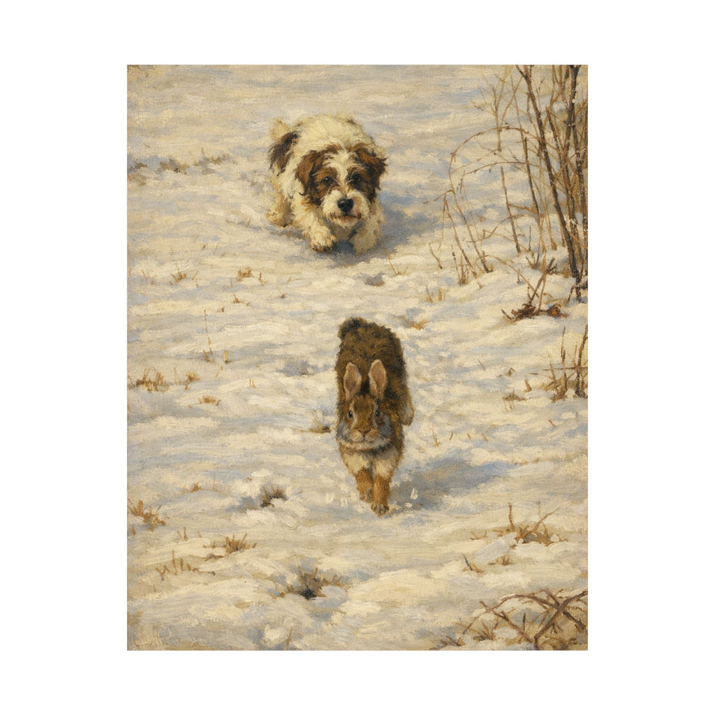 Vintage Winter Puppy & Rabbit Poster - Matte Vertical Art Print