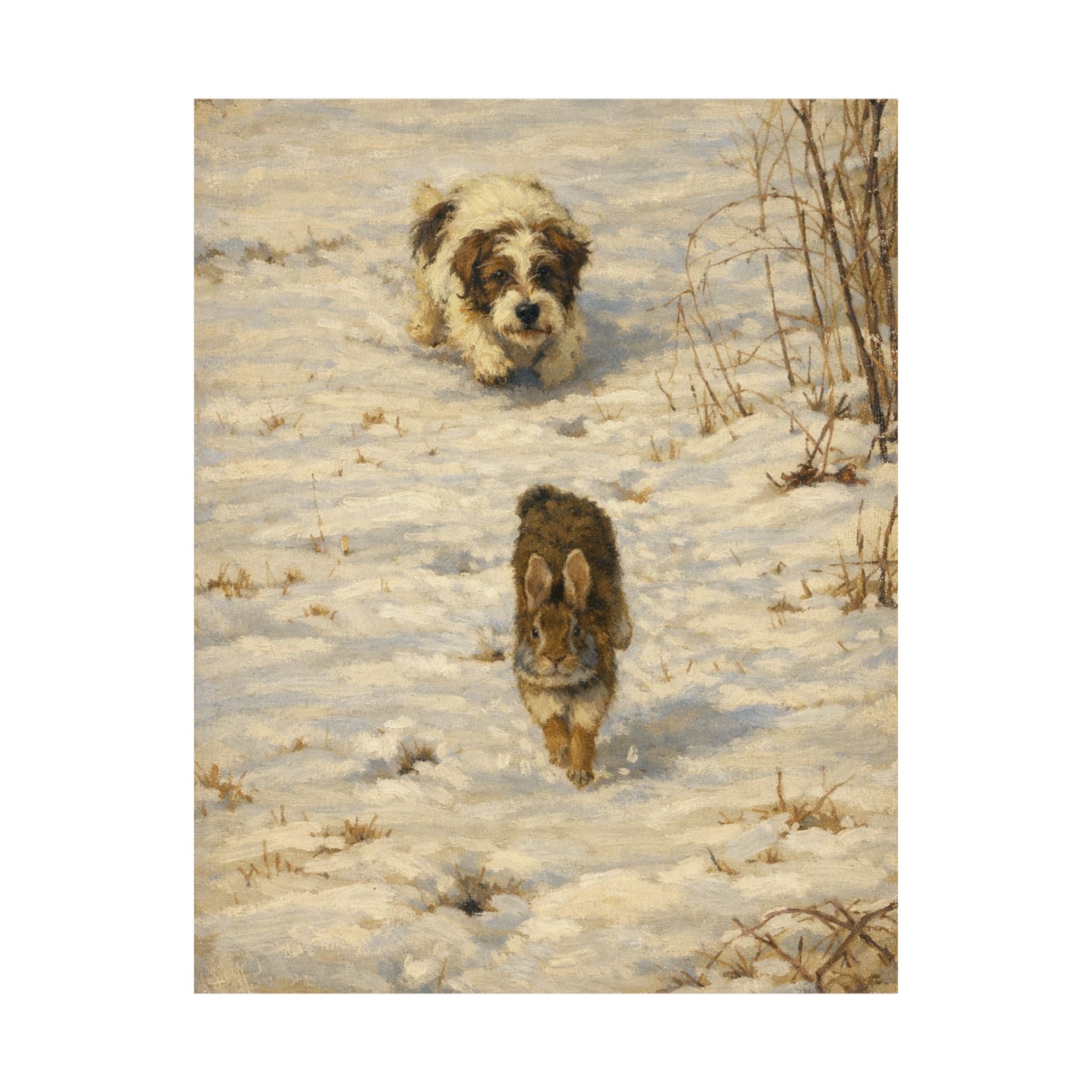 Vintage Winter Puppy & Rabbit Poster - Matte Vertical Art Print