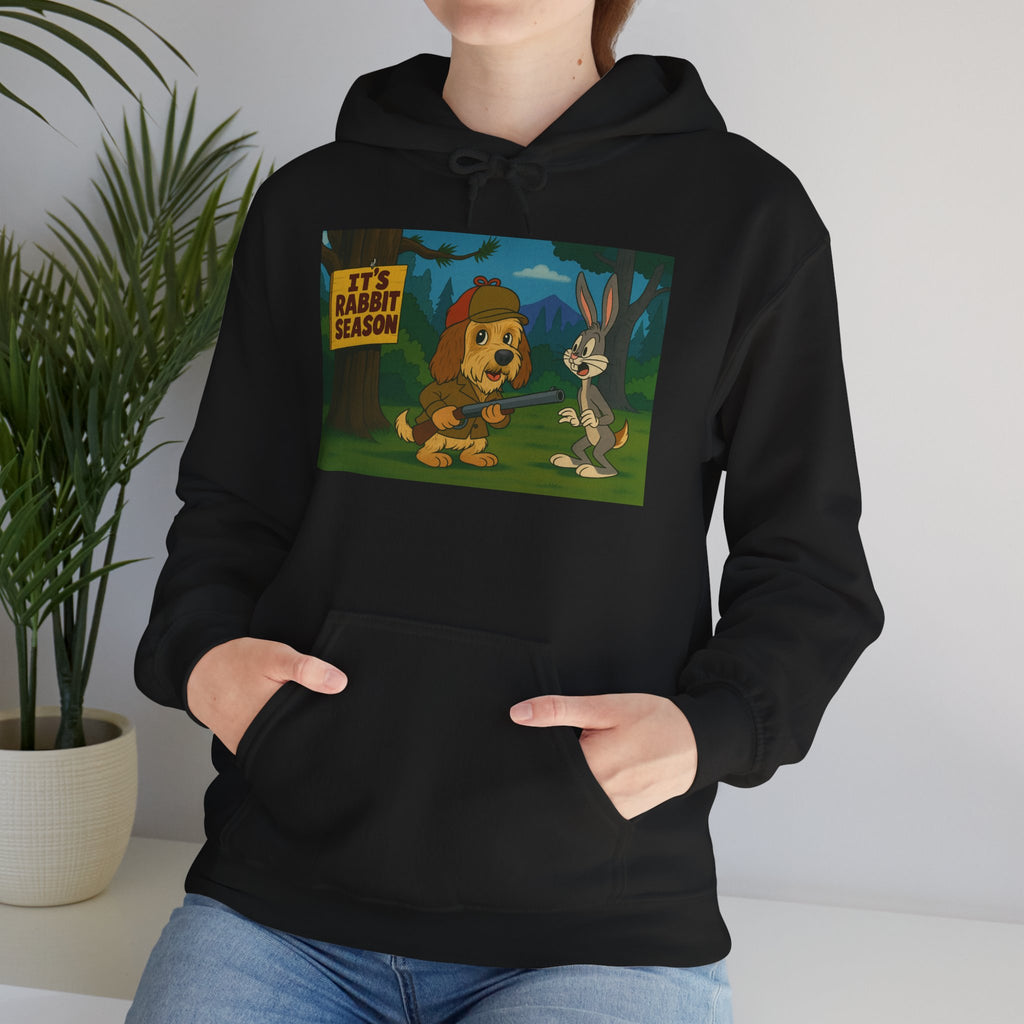 Hoodie — "It's Rabbit Season" Cartoon Bunny & Hunter Graphic Pullover
