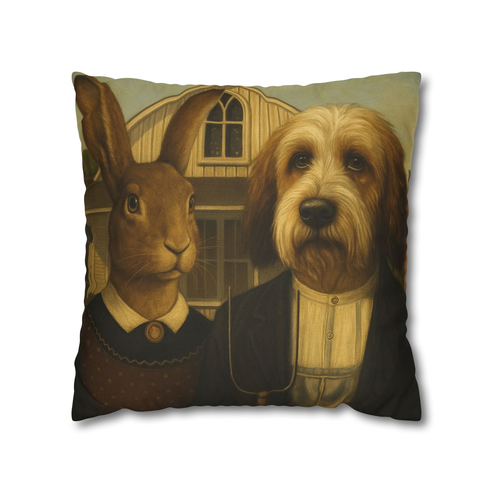 Vintage Pet Portrait Pillow — Dog & Rabbit Americana Decorative Throw Pillowcase