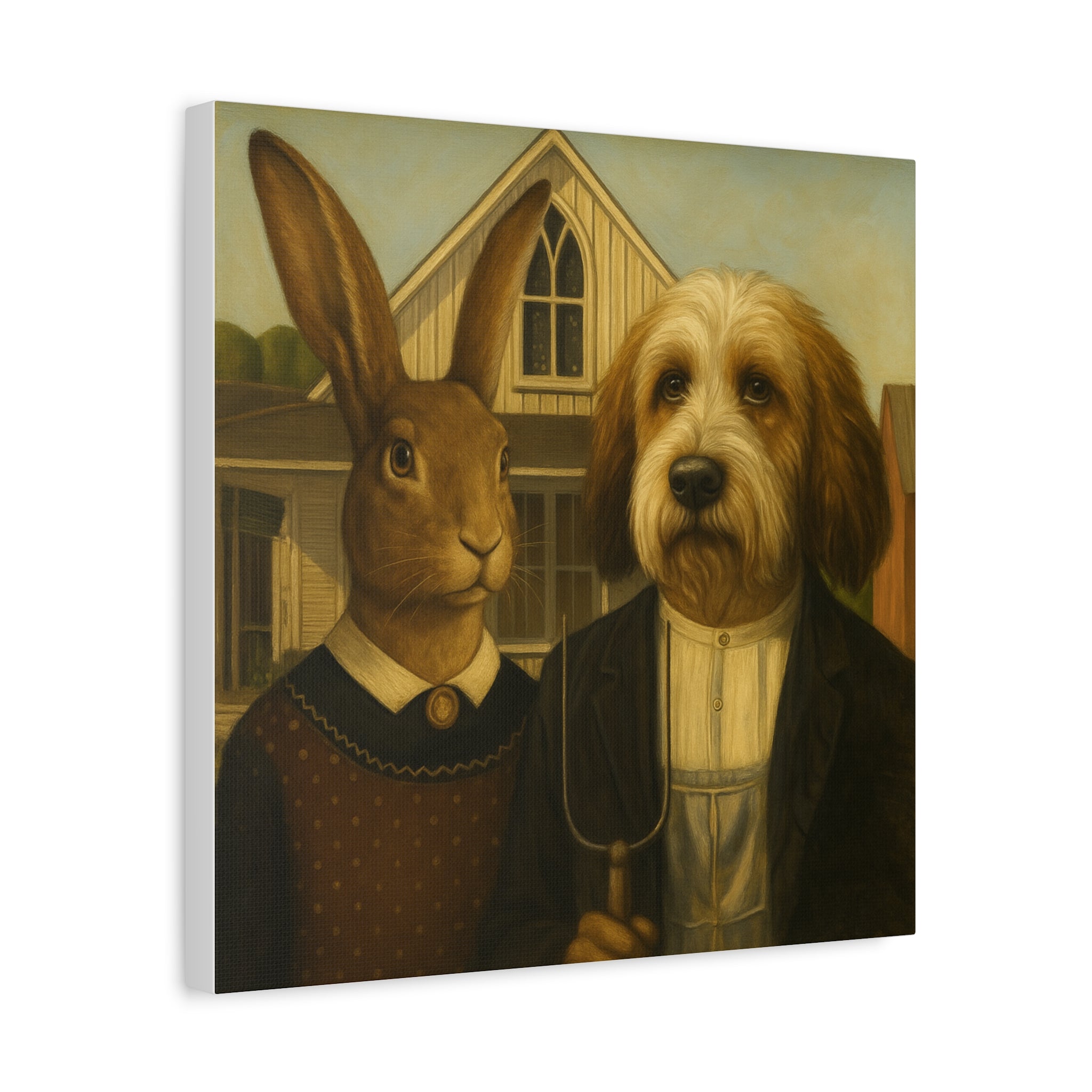 PBGV and Rabbit -  American  Gothic