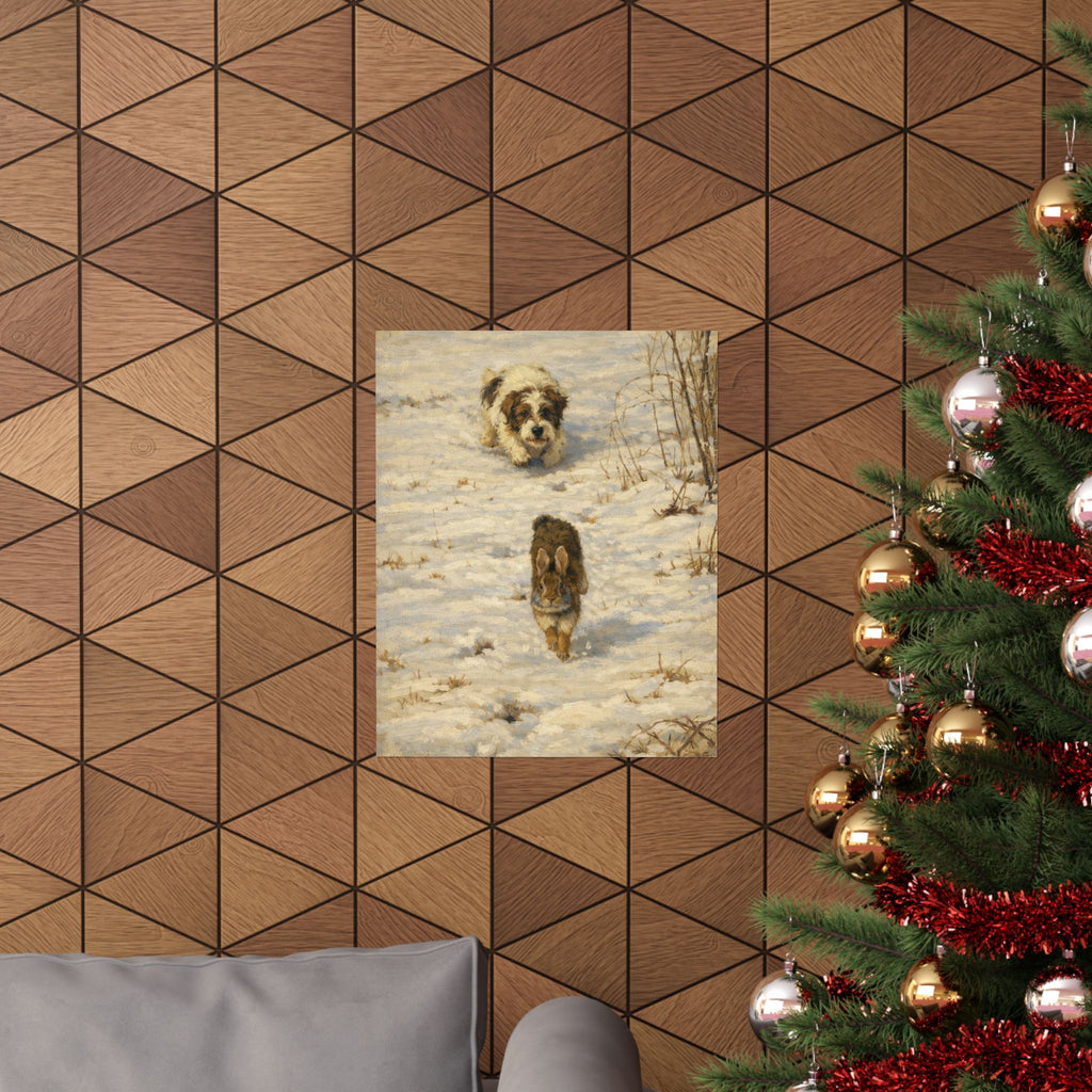 Vintage Winter Puppy & Rabbit Poster - Matte Vertical Art Print