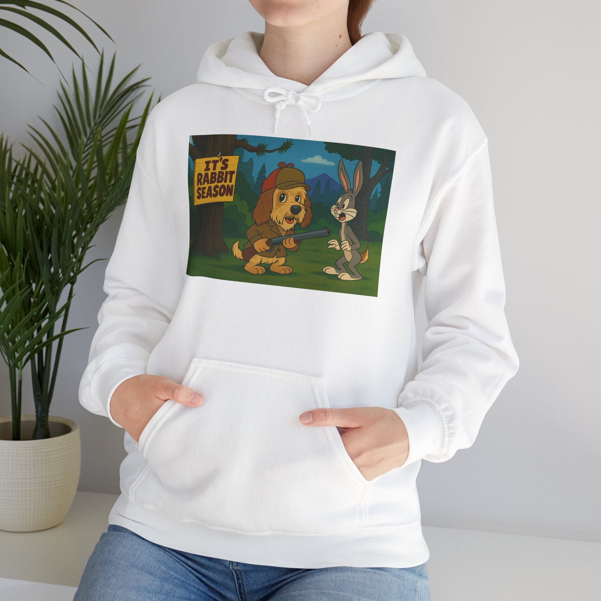Hoodie — "It's Rabbit Season" Cartoon Bunny & Hunter Graphic Pullover