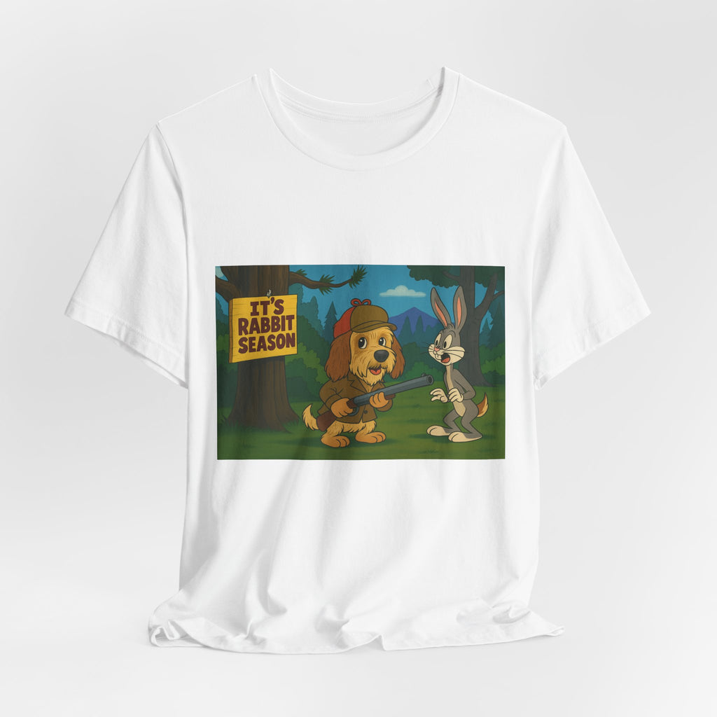 Funny 'It's Rabbit Season' Graphic Tee - Vintage Cartoon PBGV Hunting Humor T-Shirt