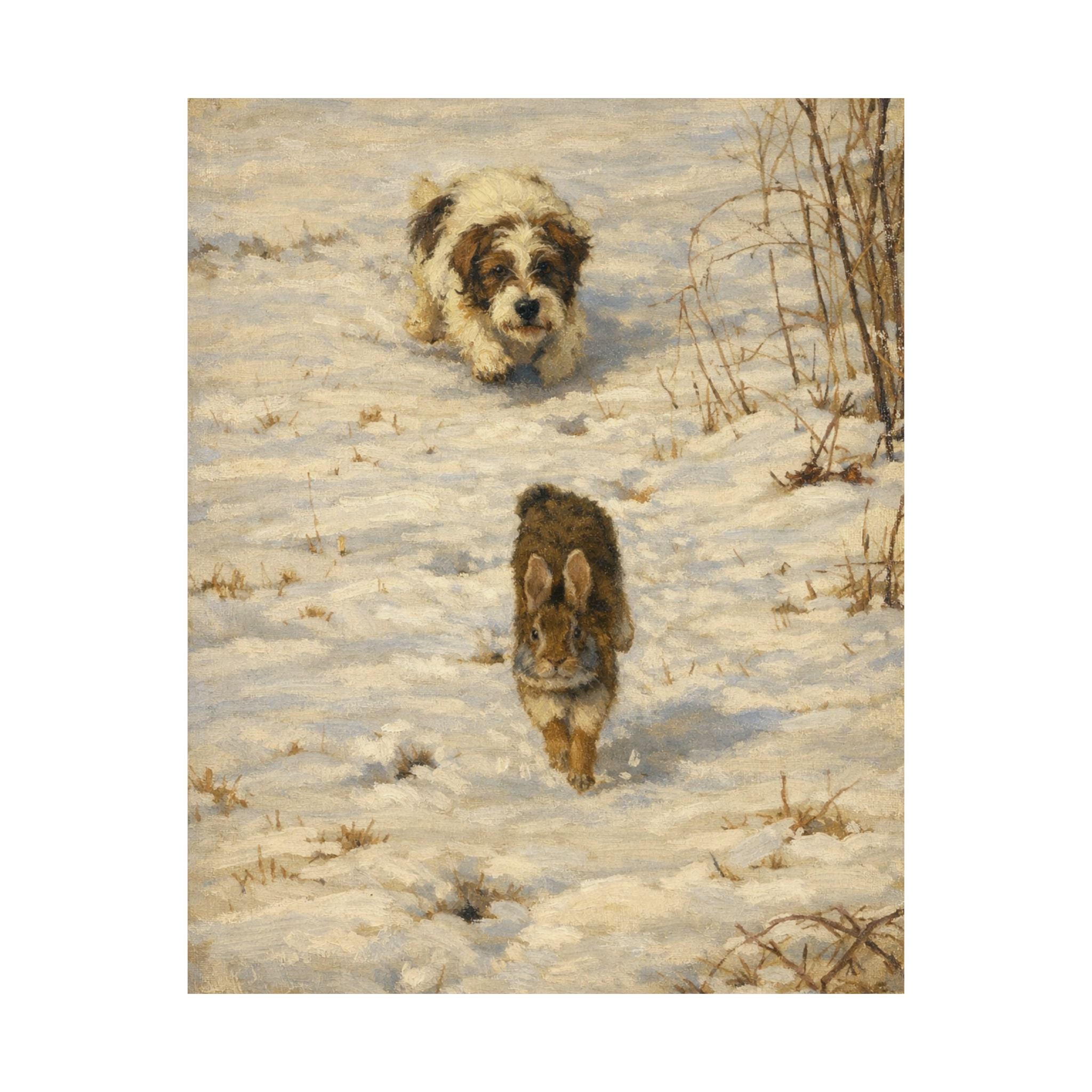 Vintage Winter Puppy & Rabbit Poster - Matte Vertical Art Print