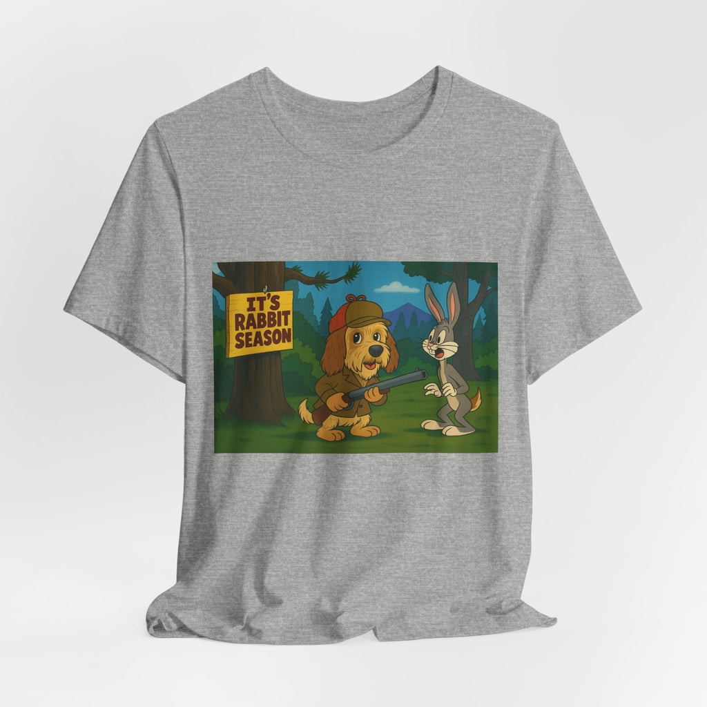 Funny 'It's Rabbit Season' Graphic Tee - Vintage Cartoon PBGV Hunting Humor T-Shirt