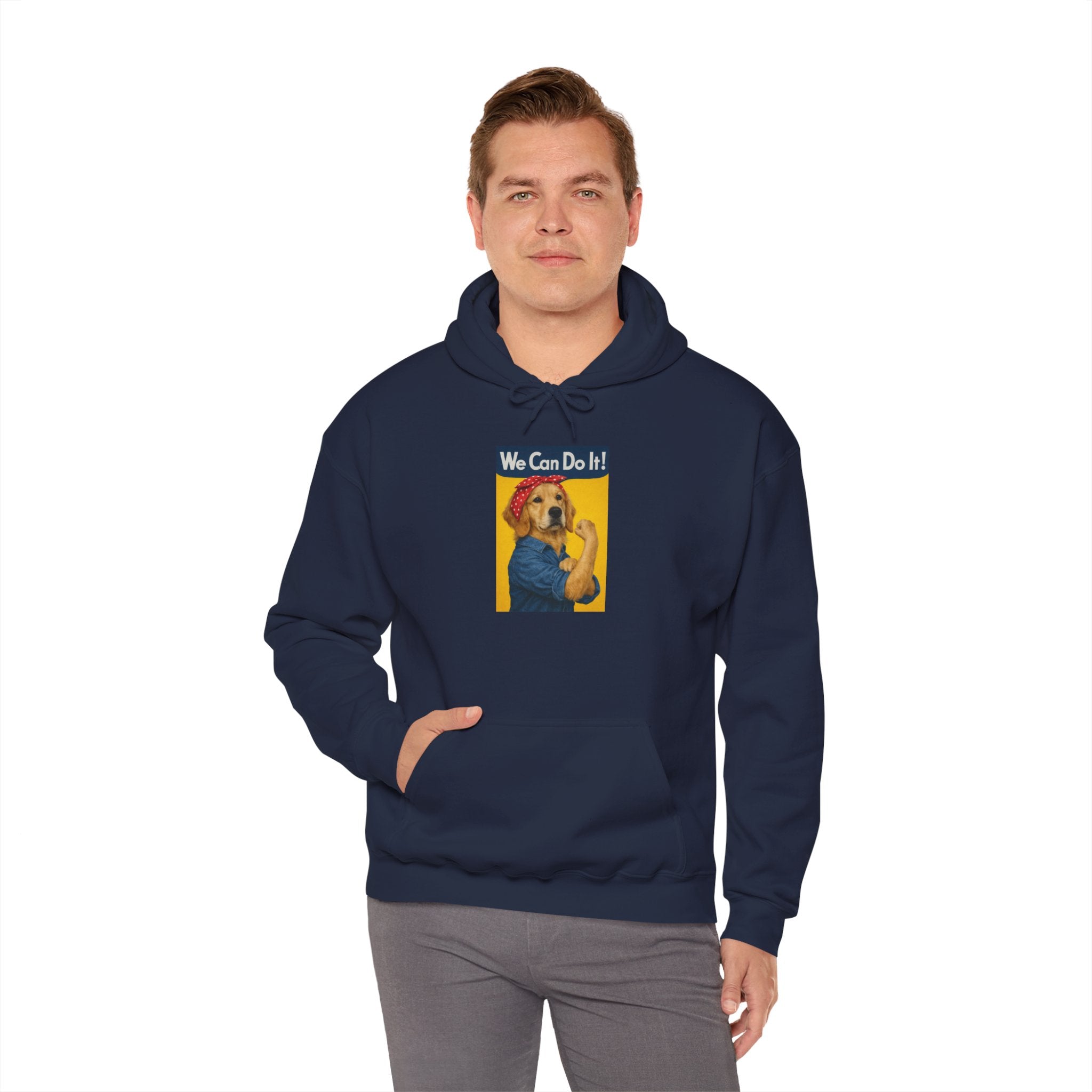 Hoodie - "We Can Do It!" Retro Rosie-Style Golden Retriever Graphic Hoodie