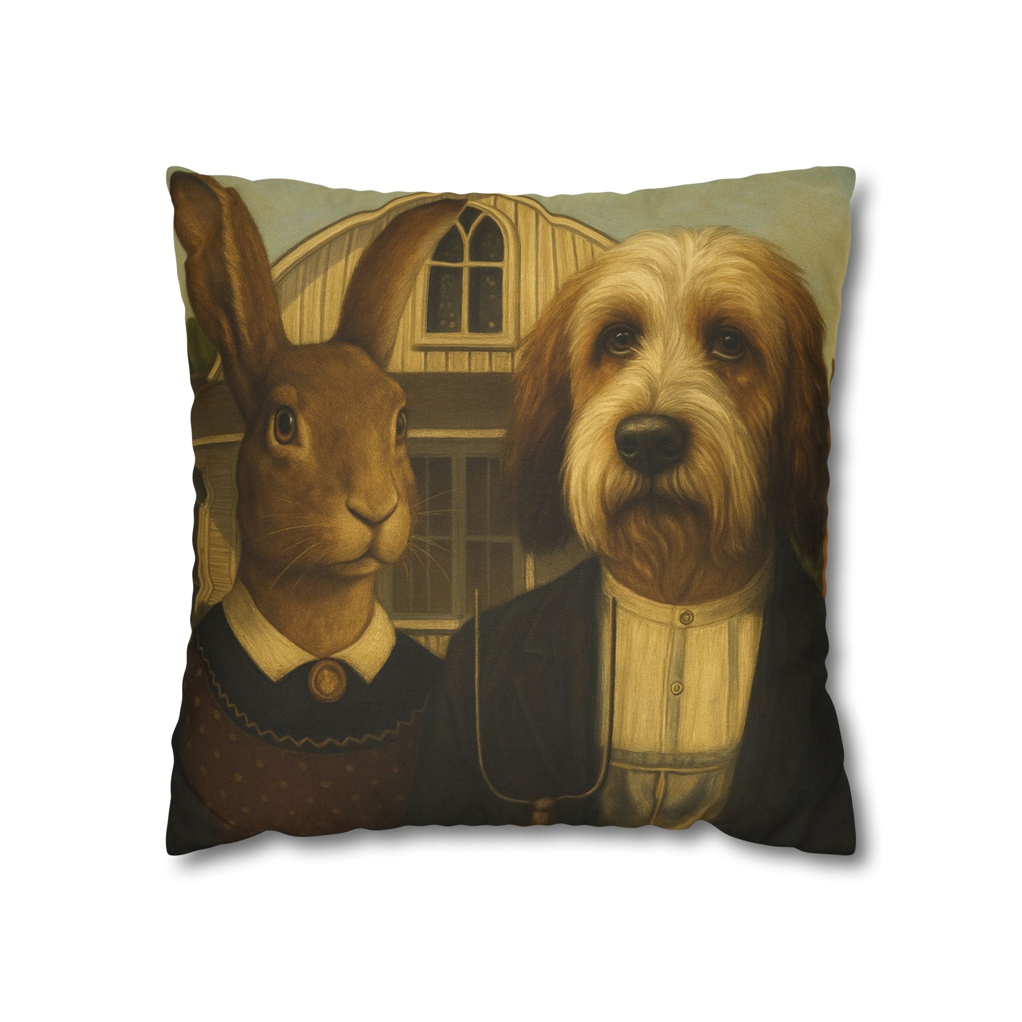 Vintage Pet Portrait Pillow — Dog & Rabbit Americana Decorative Throw Pillowcase