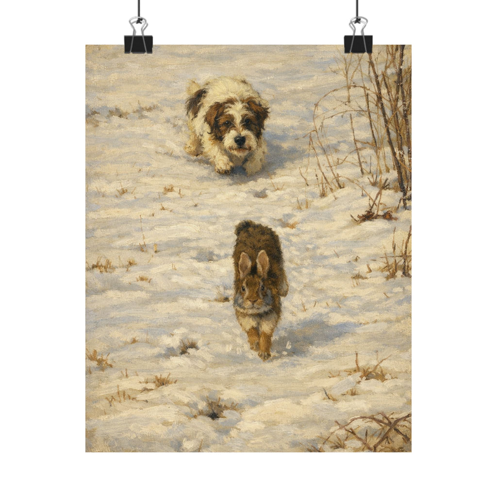 Vintage Winter Puppy & Rabbit Poster - Matte Vertical Art Print