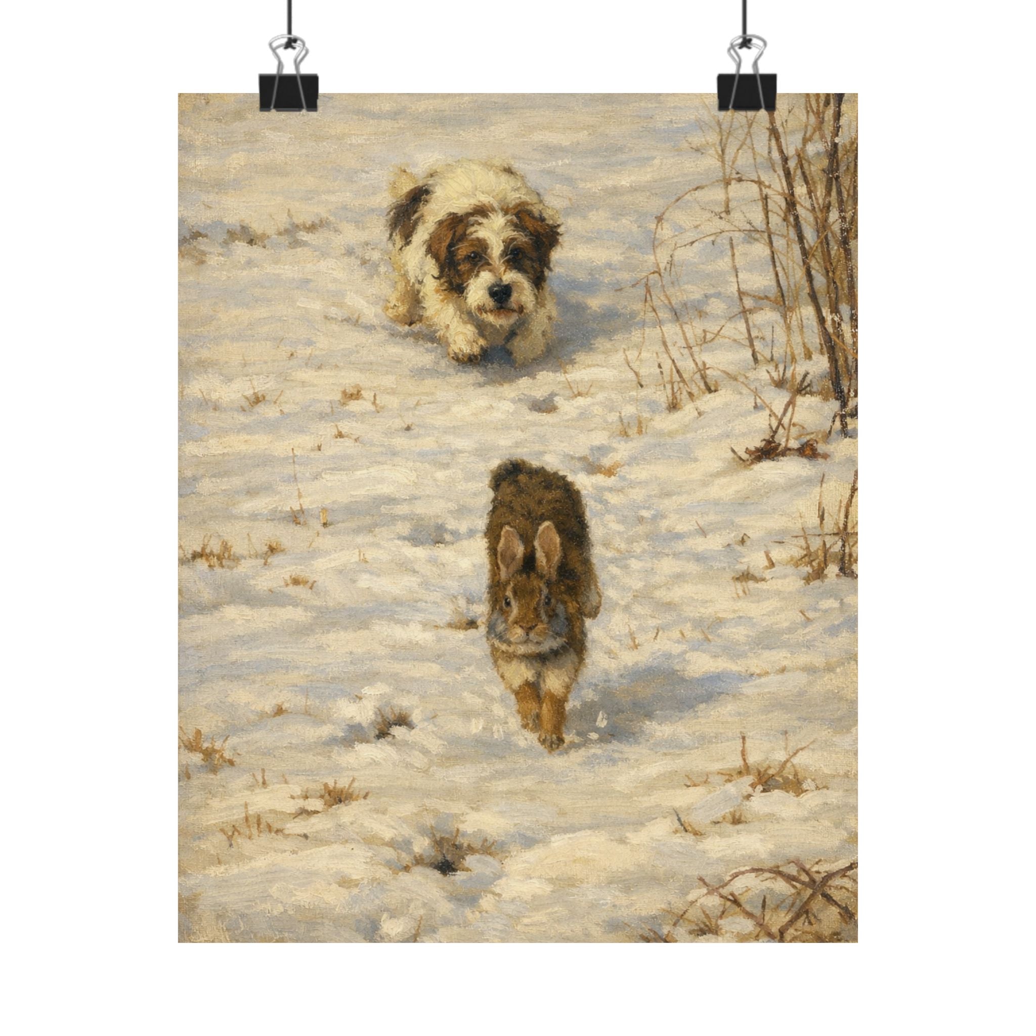 Vintage Winter Puppy & Rabbit Poster - Matte Vertical Art Print