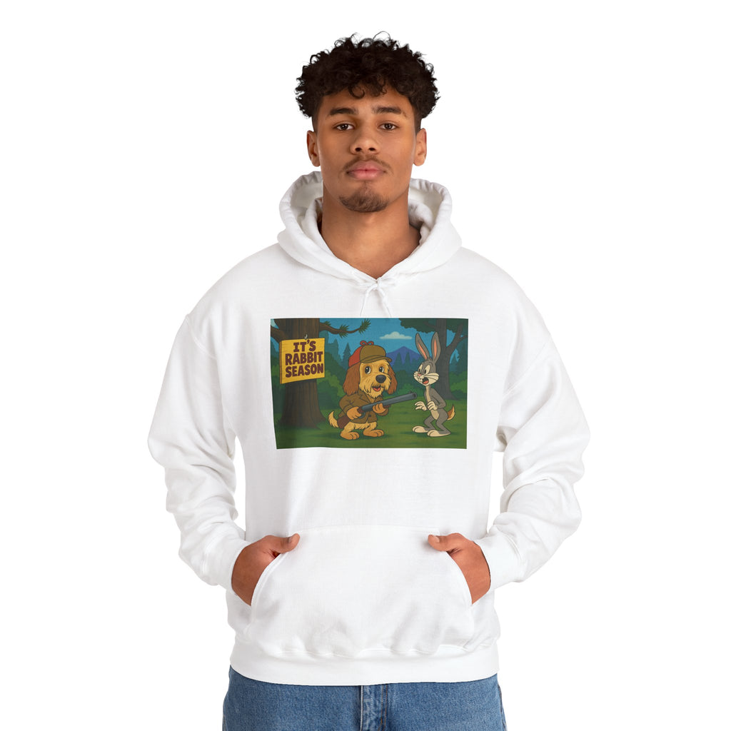Hoodie — "It's Rabbit Season" Cartoon Bunny & Hunter Graphic Pullover