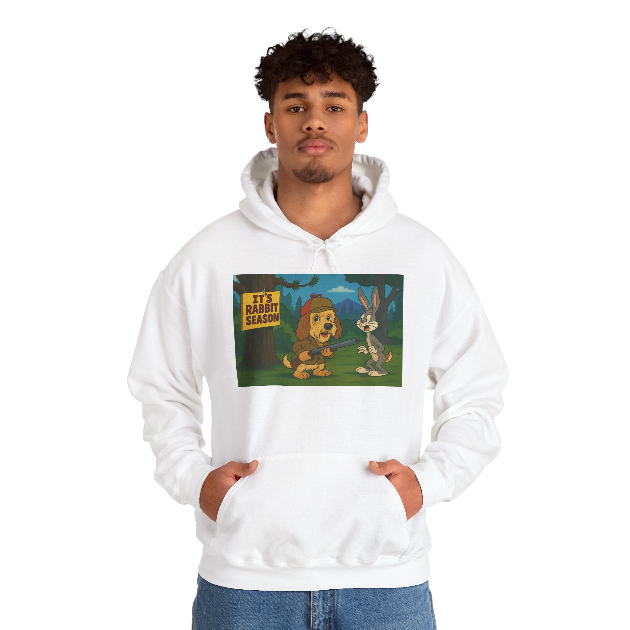 Hoodie — "It's Rabbit Season" Cartoon Bunny & Hunter Graphic Pullover