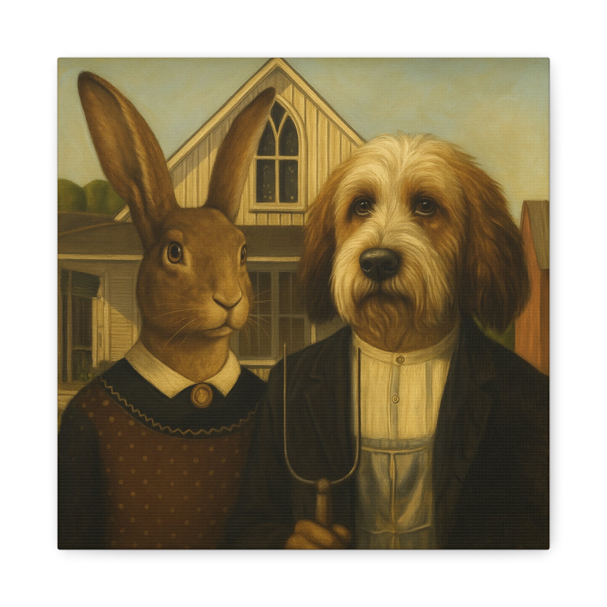 PBGV and Rabbit -  American  Gothic
